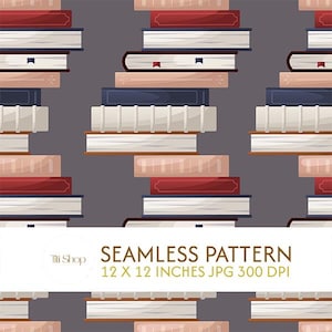 Puede incluir: Patrón sin costuras con pilas de libros en varios colores, incluyendo rojo, blanco y azul marino, sobre un fondo gris. Los libros tienen un marcador. El texto en la imagen dice "Seamless Pattern 12 x 12 inches JPG 300 DPI".