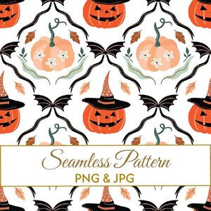 Puede incluir: Un patrón continuo con calabazas naranjas con sombreros negros, calabazas claras con flores blancas, alas de murciélago negras y hojas marrones sobre fondo blanco. El texto Seamless Pattern PNG & JPG está centrado.