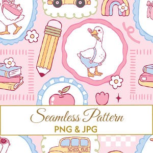 Puede incluir: Un patrón sin costuras sobre un fondo rosa con ilustraciones de dibujos animados de un pato con un lápiz, un autobús escolar, un arcoíris y un lápiz. El texto "Seamless Pattern" se muestra en un rectángulo blanco.