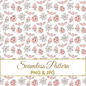 Seamless Soft Pumpkin Bow Pattern JPG PNG, Pink HalloweenDigital Paper, Coquette Bat Spiderweb Fabric Design, Cute Cottagecore Art