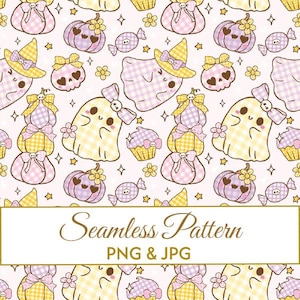 Seamless Pastel Halloween Pattern JPG PNG, Kawaii Ghost Bow Digital Paper, Cute Gingham Pumpkin Fabric Design, Spooky Commercial Art