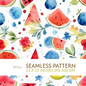 Watercolor Watermelon Seamless Pattern, Artistic Fruit Digital Paper, Bright Summer Slices Fabric, Hand-Painted Abstract Floral Island Art