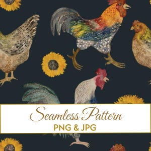 Seamless Rooster Pattern, Vintage Farmhouse Rooster Digital Paper, Cottagecore Chicken Fabric Design, Country Kitchen Art Print JPG PNG