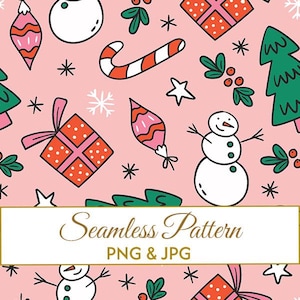 Puede incluir: Un patrón navideño sin costuras sobre un fondo rosa. El diseño incluye adornos, regalos, copos de nieve, bastones de caramelo, muñecos de nieve y árboles de Navidad. El texto "Seamless Pattern PNG & JPG" se muestra en un rectángulo blanco.
