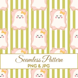 Seamless Cute Ghost Olive Stripe Pattern JPG PNG, Bow Digital Paper, Kawaii Coquette Ghost Fabric Design, Spooky Commercial Art