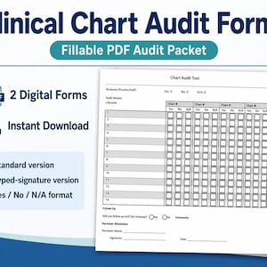 Può includere: Moduli di carta bianca intitolati "Clinical Chart Audit Forms" con il testo "Fillable PDF Audit Packet". I moduli includono uno strumento grafico per l'inserimento dei dati. Il testo include "2 Digital Forms" e "Instant Download".