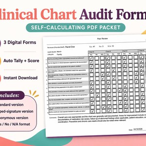 Può includere: Un pacchetto PDF digitale per moduli di audit dei grafici clinici. I moduli includono una versione standard, una versione con firma digitata e una versione anonima. Include conteggio e punteggio automatici e download immediato.