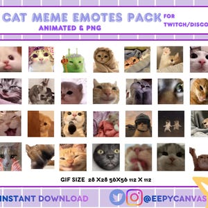 Puede incluir: Una colección digital de 28 emoticonos de memes de gatos para Twitch y Discord, con diversas expresiones felinas en formatos animados y PNG. La pantalla incluye una cuadrícula de imágenes de gatos con etiquetas de tamaño 28x28, 56x56 y 112x112.