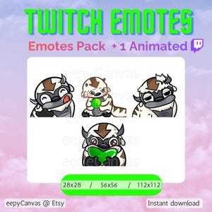 Puede incluir: Gráfico de arte digital con cuatro avatares de dibujos animados de una criatura parecida a un bisonte con pelaje marrón y blanco, cada uno con una expresión diferente. El texto "TWITCH EMOTES" está en la parte superior.