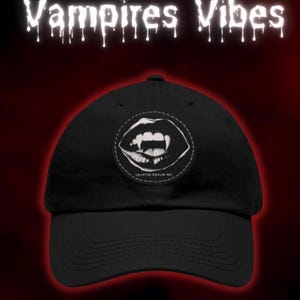 Spooky Black and White Vampire Fangs and Lips Leather Patch Dad Hat Multi Hat Colors Available