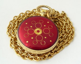 Working Vintage Sorna 17 Jewel Pendant Watch Red Enamel Gold Tone Flowers Circles Pocket Watch Pendant Works Great Gold Tone Chain