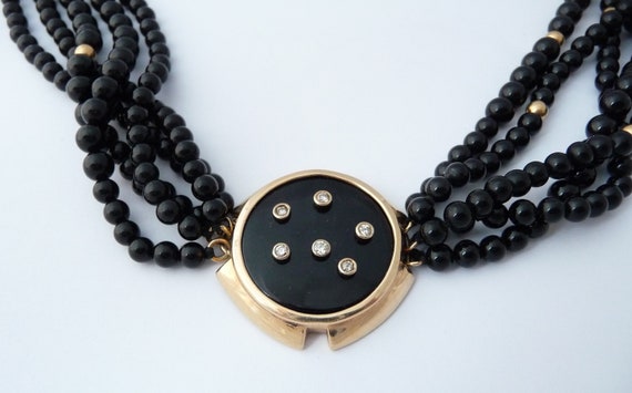 Vintage 14K Gold Diamonds and Black Onyx Necklace… - image 4