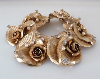 Vintage Large Flower Link Bracelet Rose Gold Tone Metal with Rhinestones and Faux Pearls