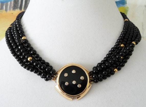 Vintage 14K Gold Diamonds and Black Onyx Necklace… - image 1