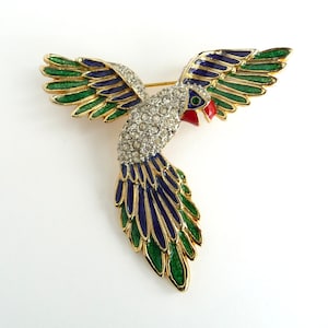 Vintage Bird Brooch Enamel Pin Gold Tone Blue and Green Enamel Red Beak Clear Rhinestones Gorgeous from TreasuresOfGrace