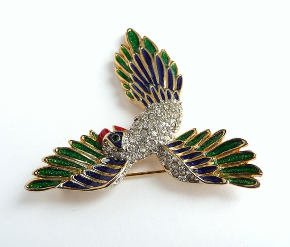Vintage Bird Brooch Enamel Pin Gold Tone Blue and… - image 3