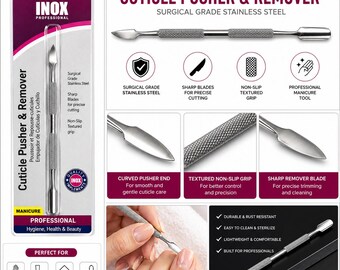 INOX Professional Cuticle Pusher  Remover, Surgical Stainless steel Dual-Ended , Non-Slip Grip Precision Nail Tool for Manicure & Pedicure.