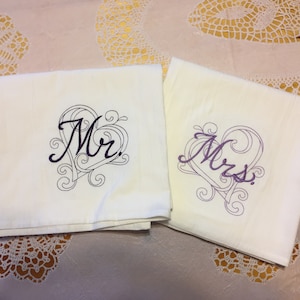 Set of 2 Mr. and Mrs Machine Embroidered Flour Sack Towels