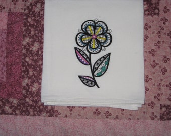 Blackwork Flower Flour Sack Dish Towel