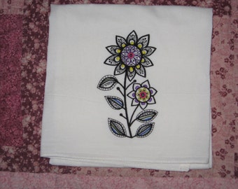 Blackwork Flowers Flour Sack Dish Towel