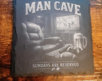 Man Cave Coaster | Football Sunday Decor | Engraved Slate Gift for Him-Set of 2