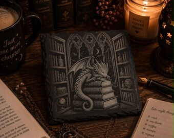 Sleeping Dragon Library Slate Coaster Fantasy Bookish Decor-Set of 2