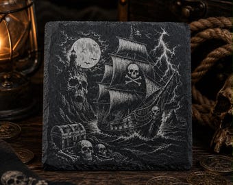 Dark Pirate Ship Slate Coaster-Set of 2