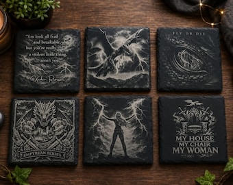 Fourth Wing Inspired Dragon & Lightning Slate Coaster Set, Bookish Fantasy Decor