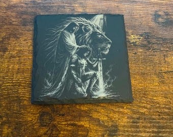 Christian Kneeling Knight Engraved Slate Coaster | Warrior of God | Faith-Based Christian Gift | Religious Home Accent-Set of 2