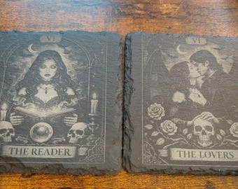 Gothic Tarot Card Slate Coasters | Dark Academia Witchy Decor  Black & White Engraved Coaster Set, The Reader/  The Lovers -Set of 2