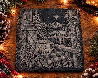 Silent Night Christmas Slate Coaster, Rustic Winter Coaster, Christmas Cabin Decor, Nature Lover Gift, Handmade Holiday Gift~ Set of 2