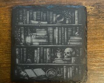 Dark Book Lover Coasters – Spooky Library Slate Drink Coasters -Set of 2