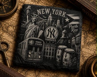 New York Yankees Puerto Rico Slate Coaster | NYC Landmarks, Heritage Engraved Stone -Set of 2