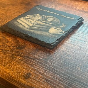 Cat Bookshelf Slate Coaster – Cozy Reading Decor, Cat Lover Gift-Set of 2 image 5