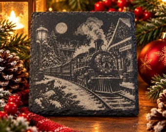 Christmas Train Slate Coaster, North Pole Train Coaster, Rustic Christmas Decor, Handmade Holiday Gift, Vintage Train Lover Gift~ Set of 2