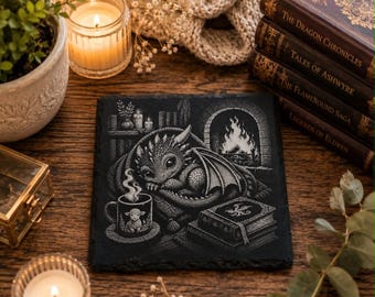Cozy Baby Dragon Slate Coaster,  Fantasy Gift, Dragon Bookish Decor, BookTok Gift,  Reading Nook Coaster, Cottagecore Fantasy -Set of 2