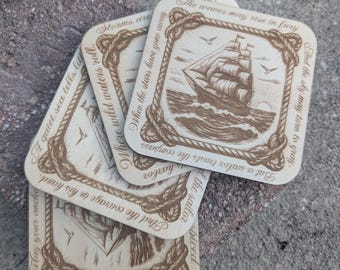 Set of 4 Nautical Wooden Sailboat Coasters w/ Quotes