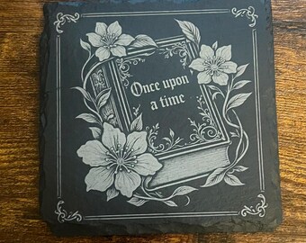 Fairytale Bookshelf Coaster – Laser Engraved Slate Book Lover Gift-Set of 2