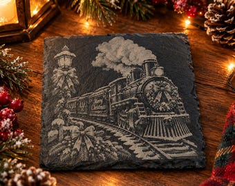 Christmas Train Slate Coaster, Merry Christmas Coaster, Rustic Holiday Decor, Steam Train Gift, Christmas Gift for Train Lovers~ Set of 2