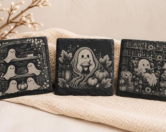 Cozy Ghost Slate Coaster Set | Bookish Halloween Decor | Cute Spooky Cottagecore Coasters | Fall Coffee Bar Gift | Laser Engraved Slate -