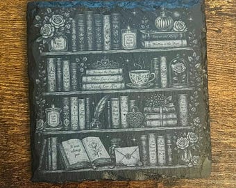 Romance Bookshelf Slate Coaster – Engraved Literary Decor, Book Lover Gift -Set of 2