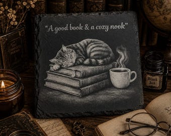 Cat Bookshelf Slate Coaster – Cozy Reading Decor, Cat Lover Gift-Set of 2