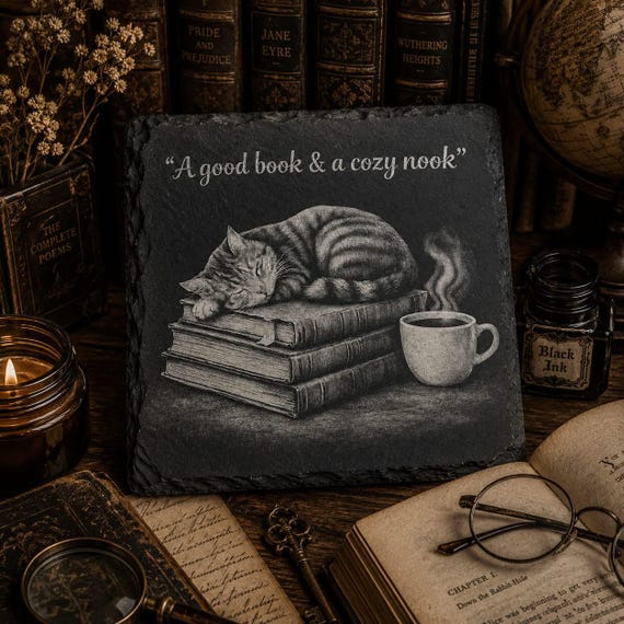 Cat Bookshelf Slate Coaster – Cozy Reading Decor, Cat Lover Gift-Set of 2