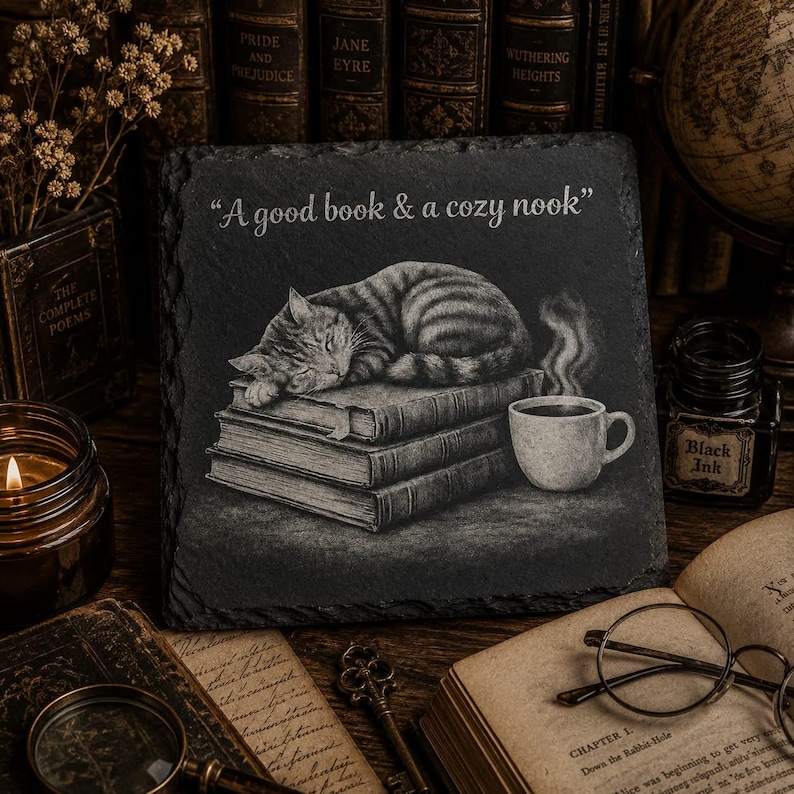 Cat Bookshelf Slate Coaster – Cozy Reading Decor, Cat Lover Gift-Set of 2 image 1