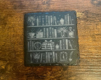 Romance Bookshelf Slate Coasters – Laser Engraved Cozy Reader Gift -Set of 2