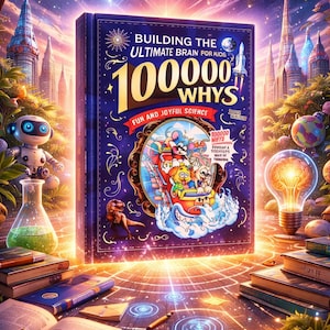 May include: A vibrant book cover with the title "Building the Ultimate Brain for Kids: 100000 Whys." The cover features colorful illustrations of cartoon characters, a rocket, and a dinosaur. The scene includes books, a robot, and a glowing lightbulb, suggesting a science and learning theme.