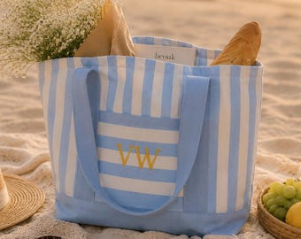 Borsa tote a righe personalizzata, borsa in tela personalizzata con ricamo del nome, borsa per la spesa di tutti i giorni, regalo per insegnanti, borsa per damigelle d'onore, ritorno a scuola