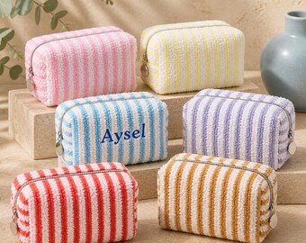 Personalized Striped Makeup Bag, Custom Embroidered Name Pouch, Bridesmaid Gift, Bachelorette Party Favor, custom travel makeup pouch