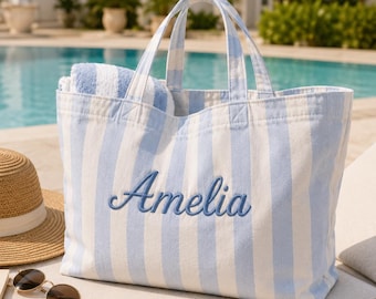 Personalized Striped Beach Tote, Custom Embroidered Name Pool Bag, Large Canvas Vacation Tote, Girls Trip & Bridesmaid bachelorette gift