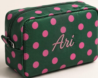Personalized Embroidered Makeup Bag, Custom Name Polka Dot Cosmetic Pouch, Bridesmaid Gift, Girls Trip Toiletry Bag, bachelorette gift